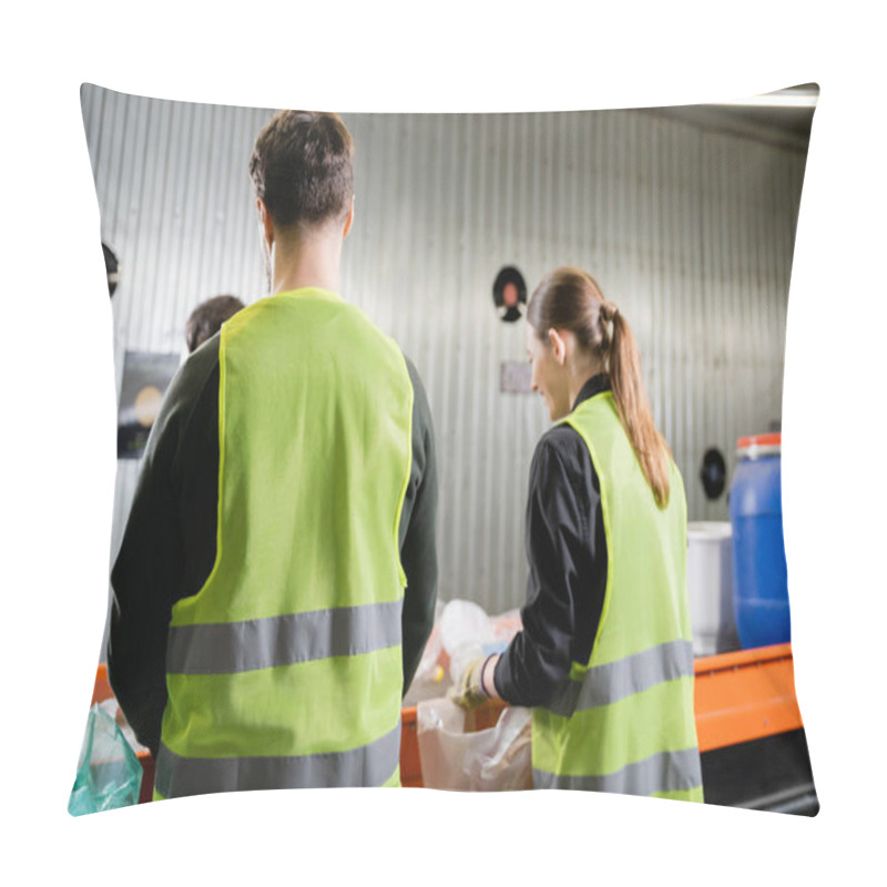 Personality  Worker In Protective High Visibility Vest Uniform Separating Trash Near Blurred Colleagues And Conveyor In Garbage Sorting Center At Background, Garbage Sorting And Recycling Concept Pillow Covers