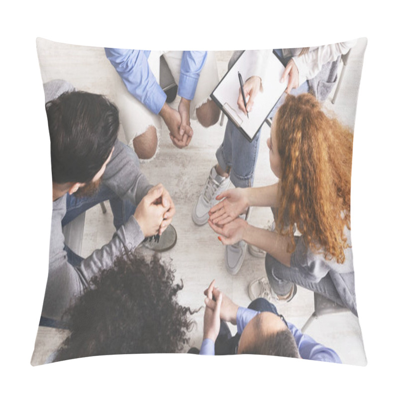 Personality  People Sharing Their Problems At Discussion Group Meeting, Top View Pillow Covers