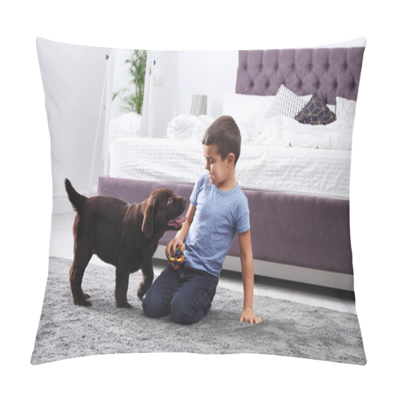 Personality  Little Boy Playing With Puppy In Bedroom. Friendly Dog Pillow Covers