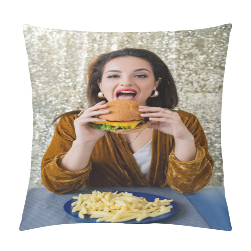 Personality  Brunette Elegant Woman Looking At Camera While Eating Burger Near French Fries On Shiny Silver Background Pillow Covers