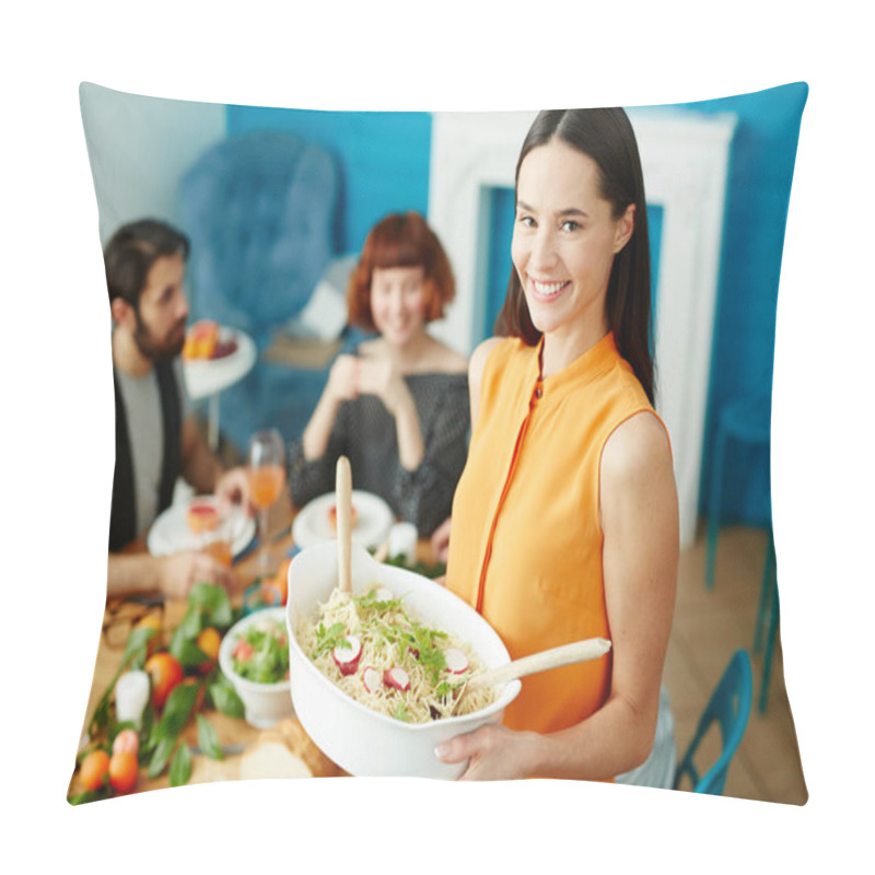 Personality  Pretty Young Woman With Charming Smile Looking At Camera While Holding Vegetarian Pasta For Her Friends Pillow Covers