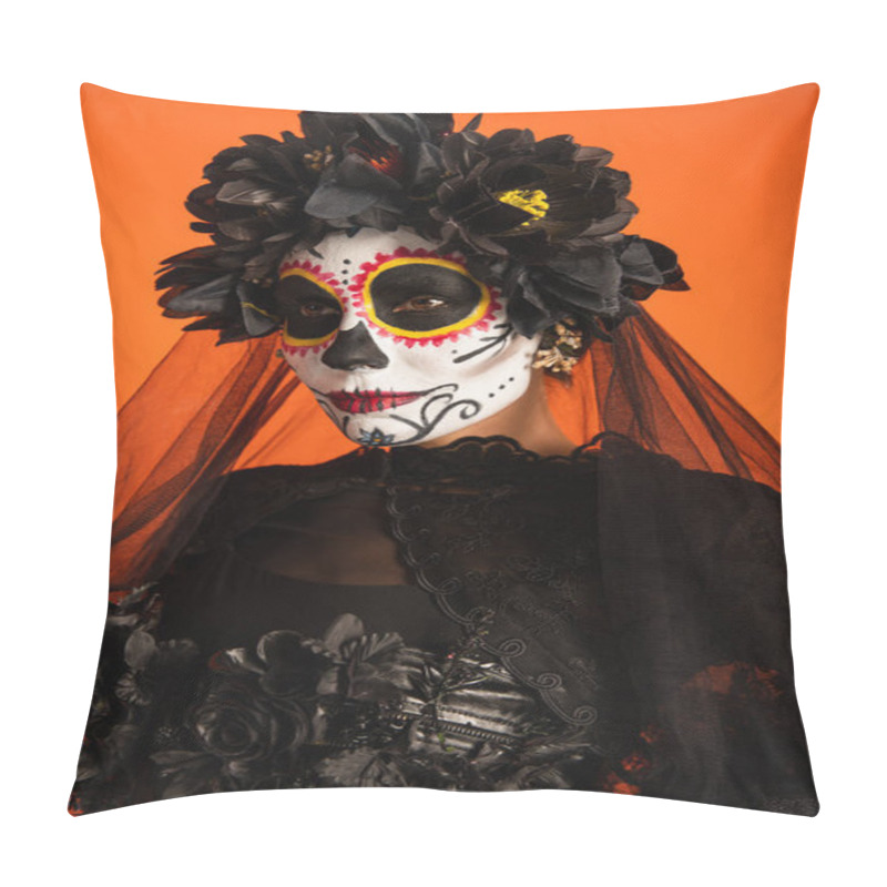 Personality  Woman In Mexican Day Of Dead Makeup And Costume With Black Wreath And Veil Isolated On Orange Pillow Covers