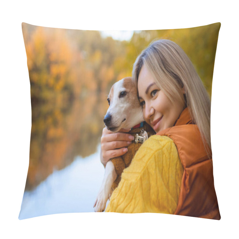 Personality  Portrait Of A Smiling Young Woman Kissing A Dog In A Field. Dog Lover Stylish Girl Hugging Her Dog While Walking. Animal Friendship Concept.  Pillow Covers