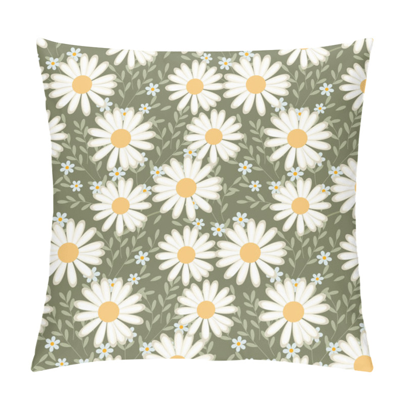 Personality  Seamless Pattern, Wild Chamomile Flowers And Scattered Leaves On A Green Background. Print, Floral Background, Textile, Wallpaper, Vector Pillow Covers