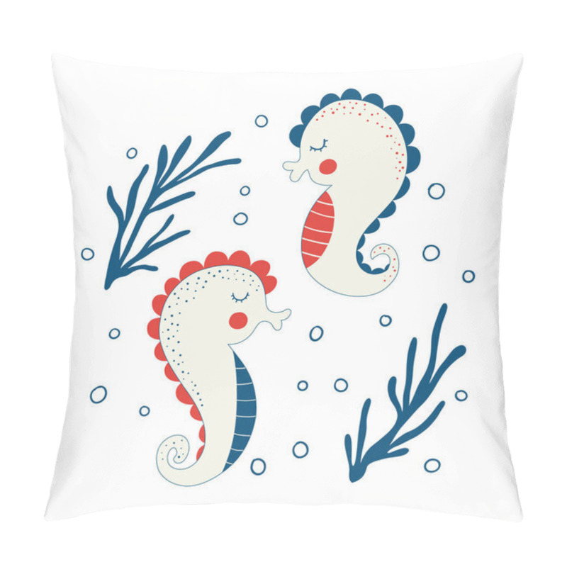 Personality  Cute Seahorses Isolated On White Background. Simple Underwater Sea Horses. Childish Colored Flat Cartoon Vector Illustration Of Funny Submarine Creature Pillow Covers