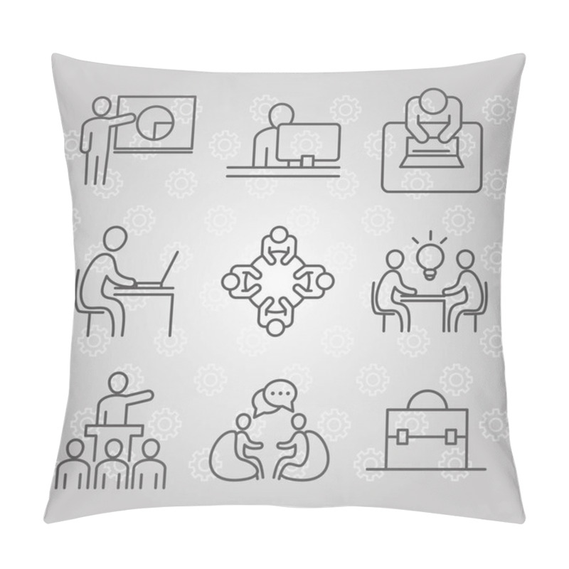 Personality  Coworking Office Business Workspace Presentation Laptop Meeting, Line Icons Design Pillow Covers