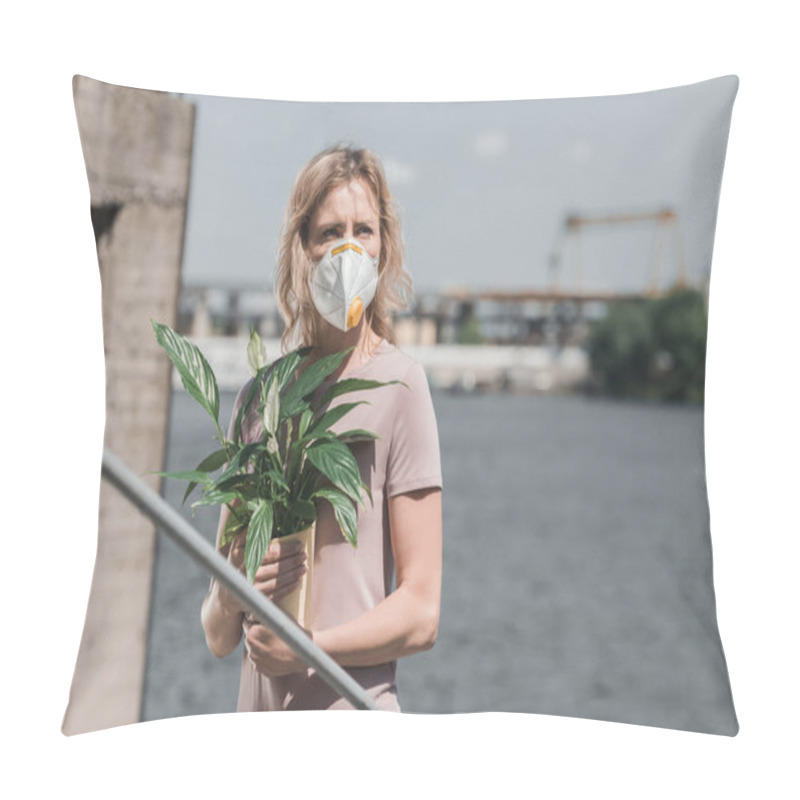 Personality  Woman In Protective Mask Holding Potted Plant On Bridge, Air Pollution Concept Pillow Covers