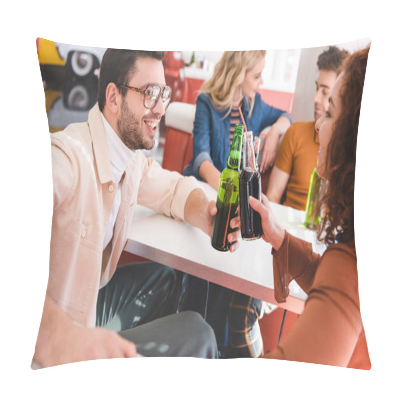 Personality  Selective Focus Of Smiling Friends Talking And Cheering With Soda And Beer At Cafe  Pillow Covers