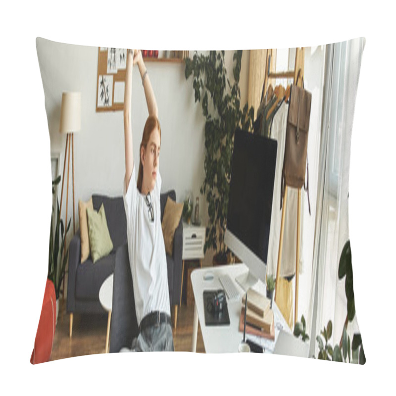 Personality  A Young Man Relaxes With A Stretch In A Stylishly Designed Living Room. Pillow Covers