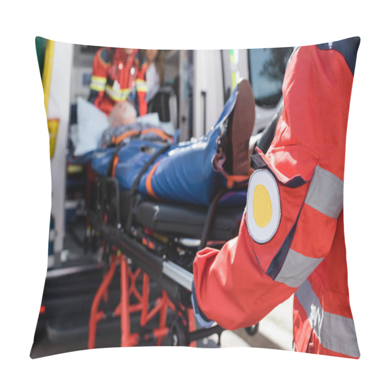 Personality  Selective Focus Of Paramedic Carrying Stretcher With Patient Near Colleague And Doctor In Ambulance Car  Pillow Covers