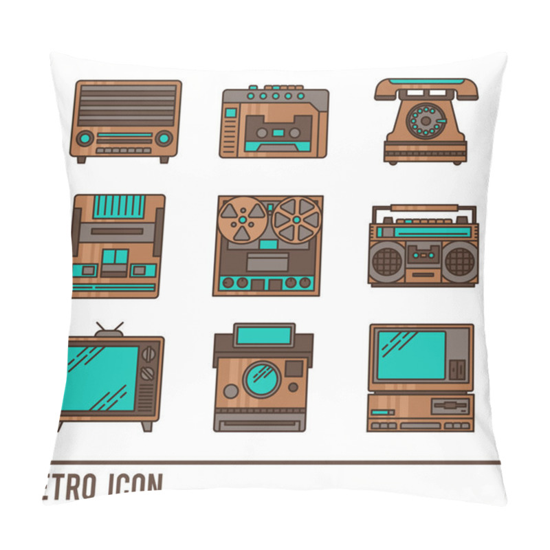 Personality  Vector Line Icons With Retro Appliances. Line Icons Of Radio, Telephone, Tape Recorder, Voice Recorder, TV And Other. Pillow Covers