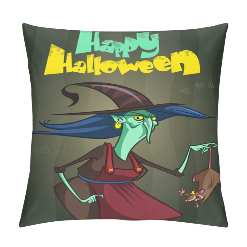 Personality  Halloween Party Invitation With Ugly Witch With A Rat. Vector Illustration Pillow Covers