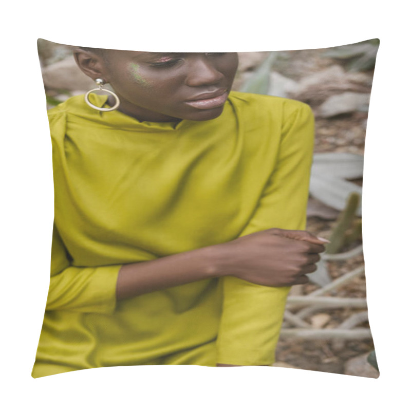 Personality  Fashionable African American Woman With Glitter Makeup Posing In Yellow Dress Pillow Covers