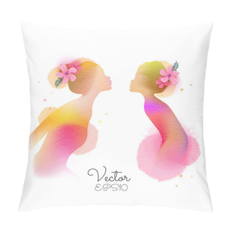 Personality  Happy Mother's Day. Side View Of Happy Mom With Daughter Silhouette Plus Abstract Watercolor Painted. Happy Mother's Day. Double Exposure Illustration. Digital Art Painting. Vector Illustration Pillow Covers