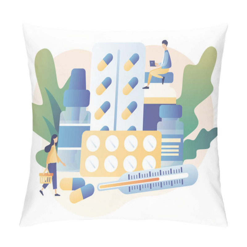 Personality  Online Pharmacy Store Concept. Buy Medicaments And Drugs Online. Tiny People Pharmacists In Drugstore Near Medicine Pills And Bottles. Modern Flat Cartoon Style.Vector Illustration On White Background Pillow Covers