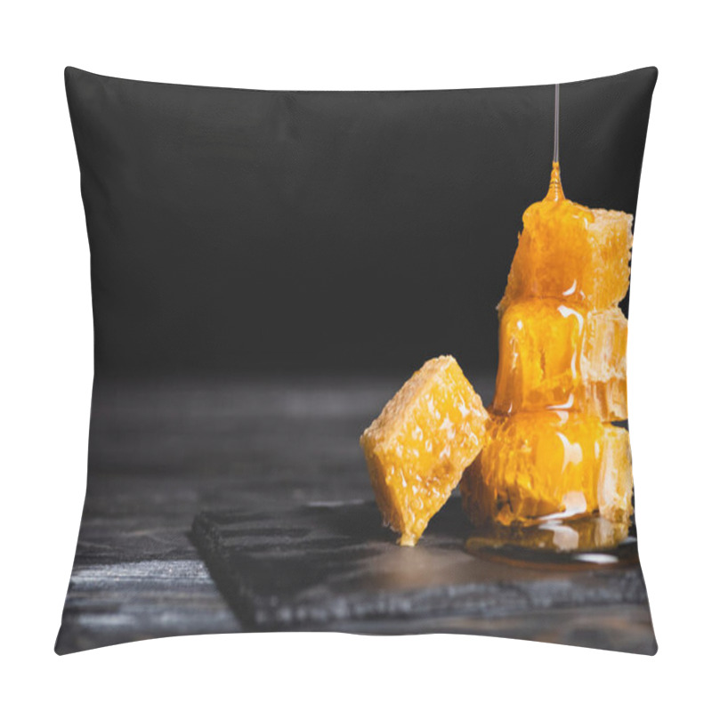 Personality  Golden Honey Flowing On Pieces Of Honeycomb On Dark Surface Isolated On Black Pillow Covers