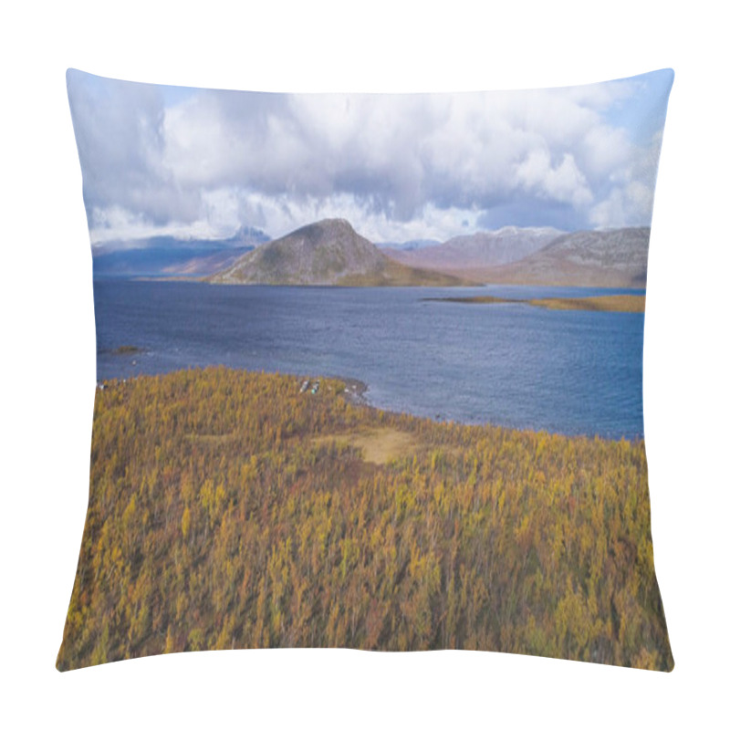 Personality  Tornetrask, Aerial,, Drone Shot, Towards A Arctic Lake, Near Abisko, On A Partly Sunny Day, In Lappland, Norrbotten, Sweden Pillow Covers