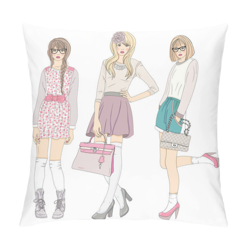 Personality  Young Fashion Girls Illustration. Vector Illustration. Backgroun Pillow Covers