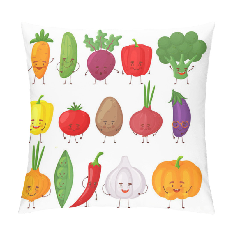 Personality  Set Of Different Cute Happy Vegetable Characters. Vector Flat Illustration Isolated On White Background. Vector Illustration Pillow Covers