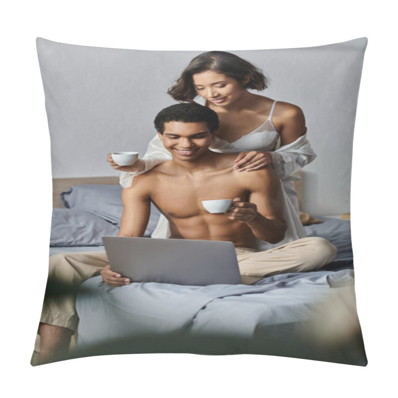 Personality  A Young Interracial Couple Enjoys A Relaxing Morning Together In Their Bedroom, Sipping Coffee And Browsing A Laptop. Pillow Covers