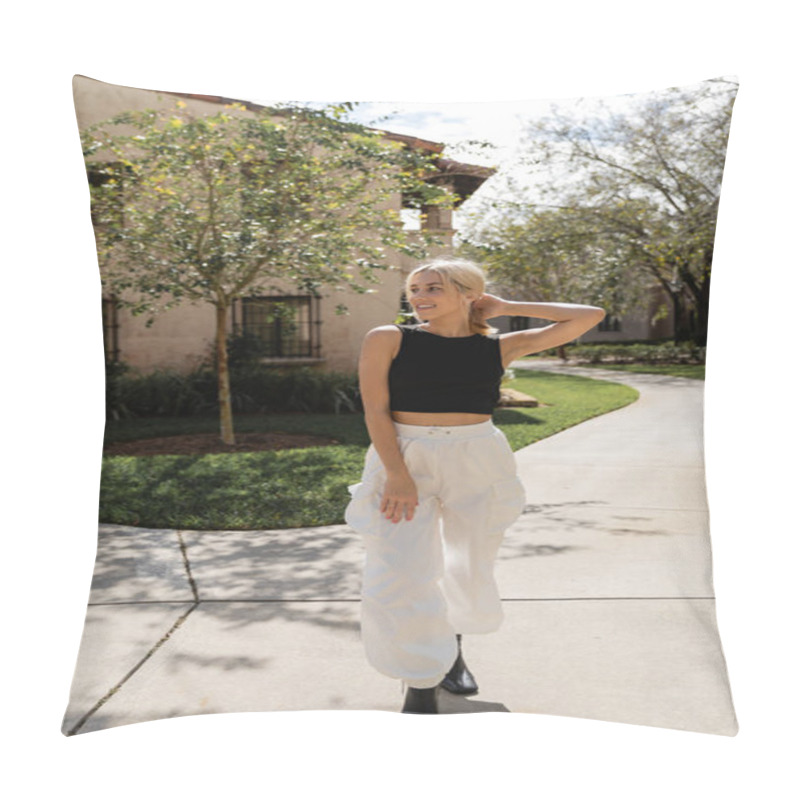 Personality  Full Length Of Cheerful Woman In Trendy Clothes Standing Near Modern House In Miami  Pillow Covers