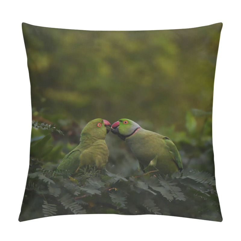 Personality  Two Green Parakeets Perched On A Lush Branch, Sharing An Intimate Moment Surrounded By Vibrant Greenery. A Serene Display Of Love And Connection In Nature's Embrace. Pillow Covers