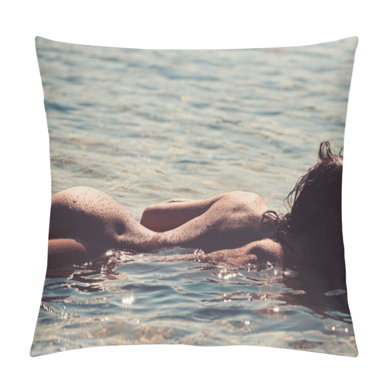 Personality  Sensual Woman With Sexy Body Relax On Beach. Naked Girl With Buttocks In Sea Water. Sex Games And Seduction. Sexy Woman Swim In Ocean. Summer Holidays And Paradise Travel Vacation Pillow Covers