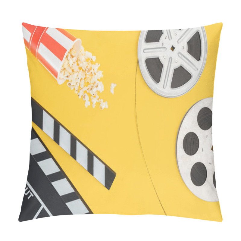 Personality  Top View Of Clapperboard, Overturned Striped Bucket With Popcorn And Film Reels With Cinema Tape Isolated On Yellow Pillow Covers