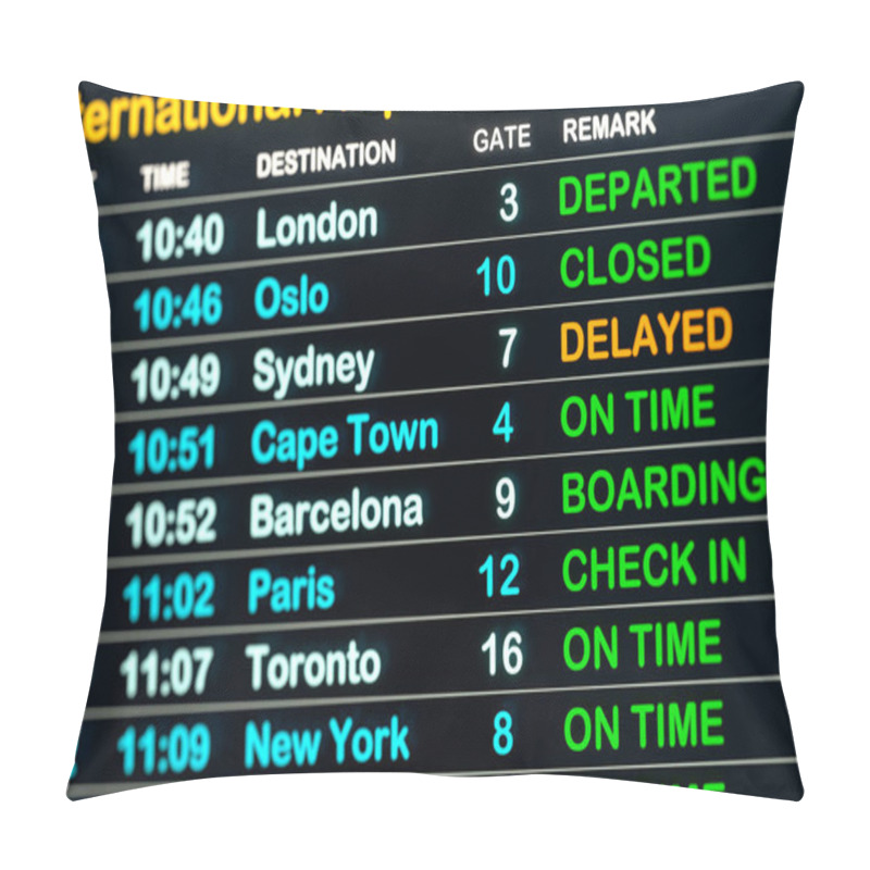 Personality  Airport Time Table, Arrival And Departure Board With Flight Data. Flight Information On The Screen. International Airport, Tourism And Travel Concept. 3D Illustration Pillow Covers