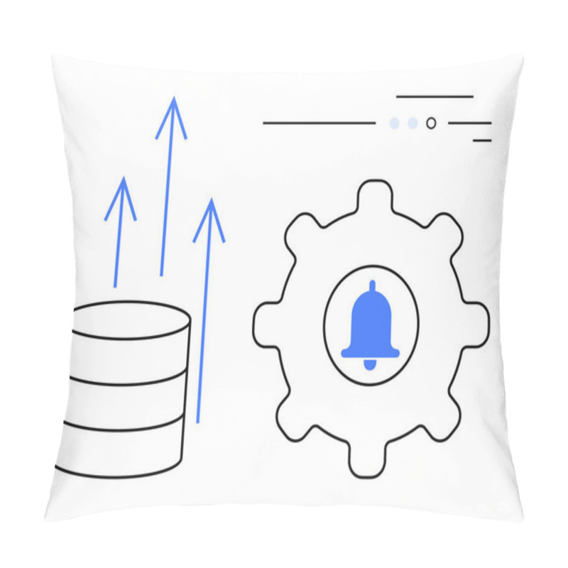 Personality  Database Storage Cylinder With Upward Arrows Next To A Gear Containing A Notification Bell Symbol. Ideal For System Performance, Data Management, IT Alerts, Process Automation, Software Development Pillow Covers