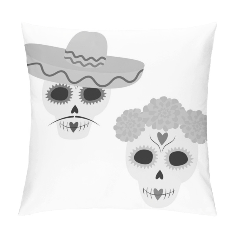 Personality  Patterned Male And Female Skull In Sombrero And Floral Wreath Day Of The Dead Cute Character Set 2. Isolated Vector Illustration Thematic Cards, Sticker, Icon Or Web Promo Poster, Banner, Leaflet, Tag Pillow Covers