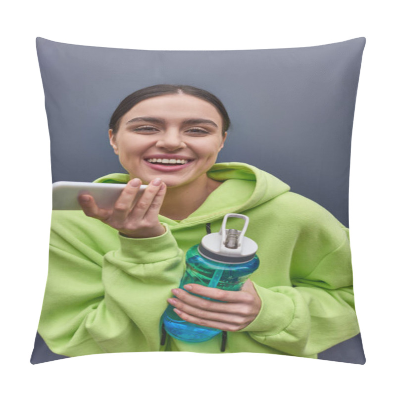 Personality  Cheerful Sportswoman In Hoodie Holding Bottle Of Water And Recording Audio Message On Smartphone Pillow Covers