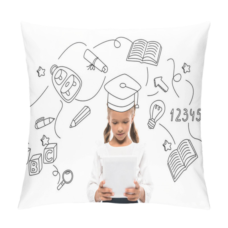 Personality  Cute Schoolkid Using Digital Tablet Near Books And Numbers On White  Pillow Covers