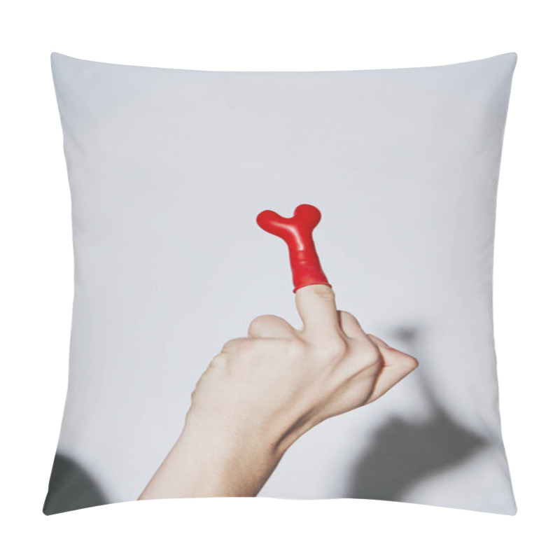 Personality  Cropped View Of Provocative Young Man Showing Middle Finger With Red Balloon On Grey Background Pillow Covers