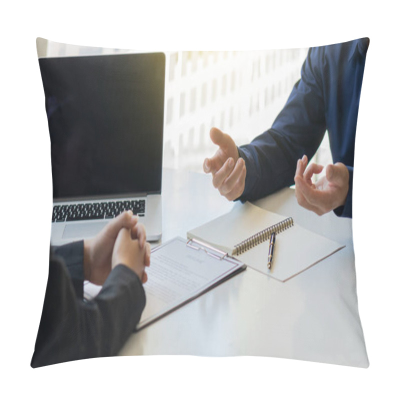 Personality  Confident Male Applicants Speak At Job Interviews To Answer Serious Employer Questions. Talk To HR About Work Experience, Introductions, And Job Application Ideas. Pillow Covers