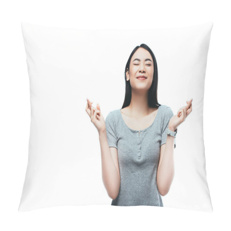 Personality  Asian Girl With Closed Eyes And Crossed Fingers Isolated On White Pillow Covers