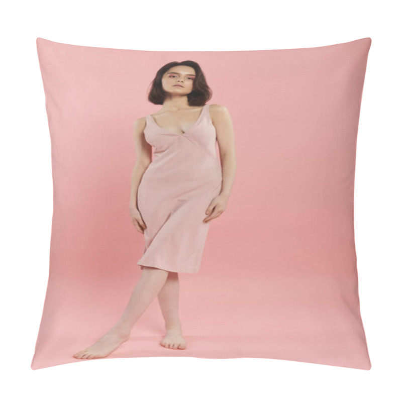 Personality  A Woman In A Pink Dress Poses Against A Pink Backdrop. Pillow Covers