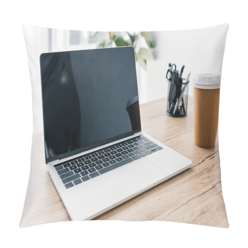 Personality  Closeup View Of Laptop With Blank Screen, Coffee Cup And Stationery At Wooden Table  Pillow Covers