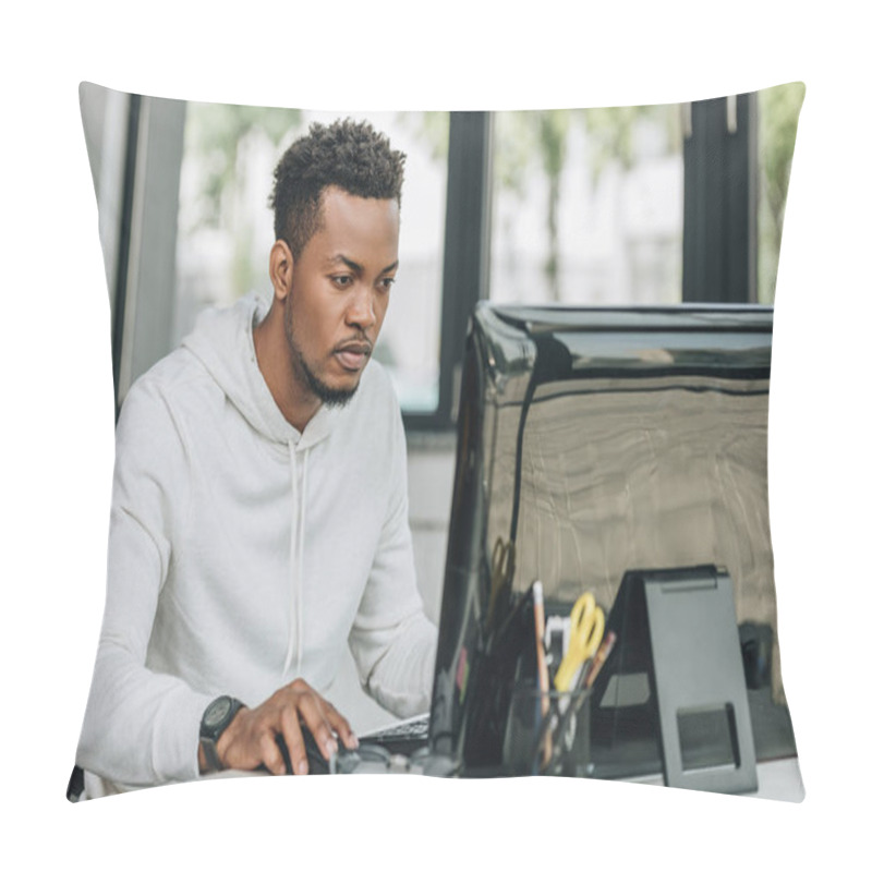 Personality  Attentive African American Programmer Working On Computer In Office Pillow Covers