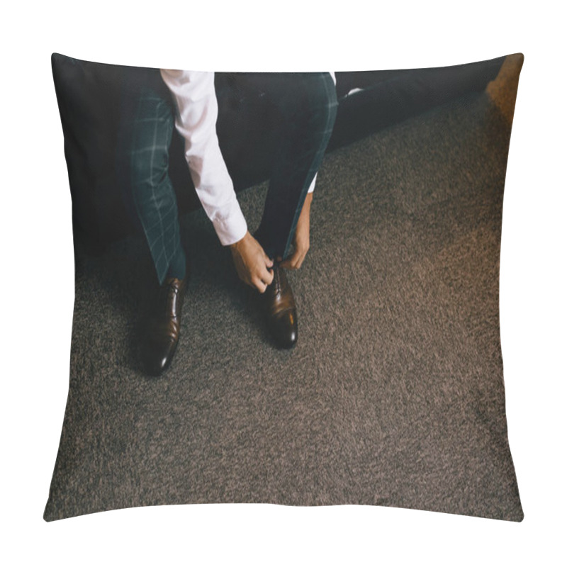 Personality  An Elegant Man Puts On Black, Leather, Formal Shoes. Tying Shoes Pillow Covers