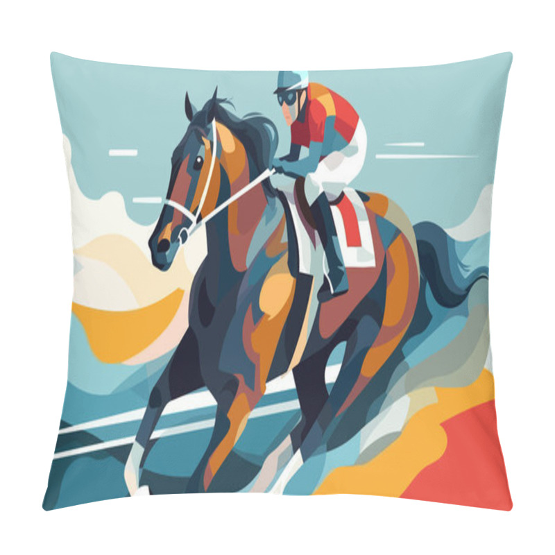 Personality  Jockey Sprinting With A Racehorse On A Horse Racing Trak, Flat Style Colorful Vector Illustration. Pillow Covers