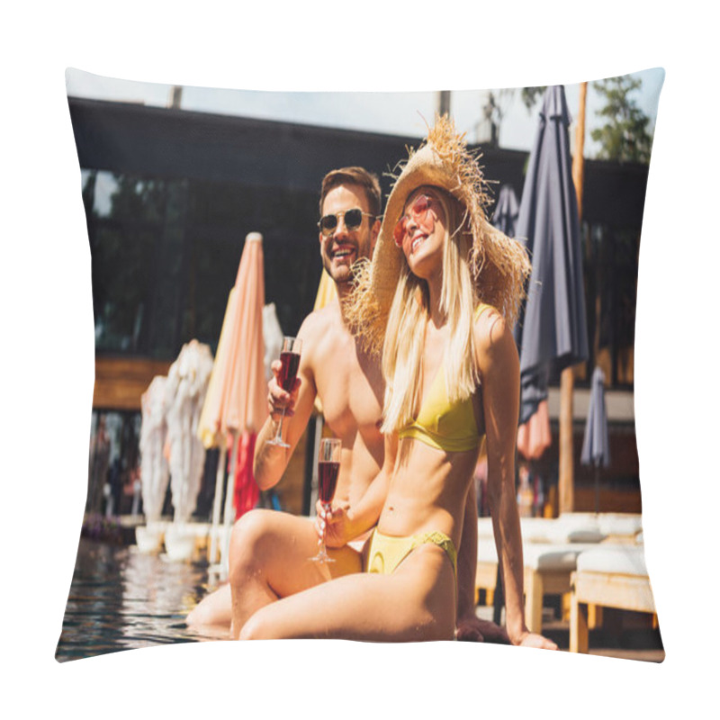 Personality  Sexy Couple Holding Glasses Of Red Wine And Smiling In Swimming Pool Pillow Covers