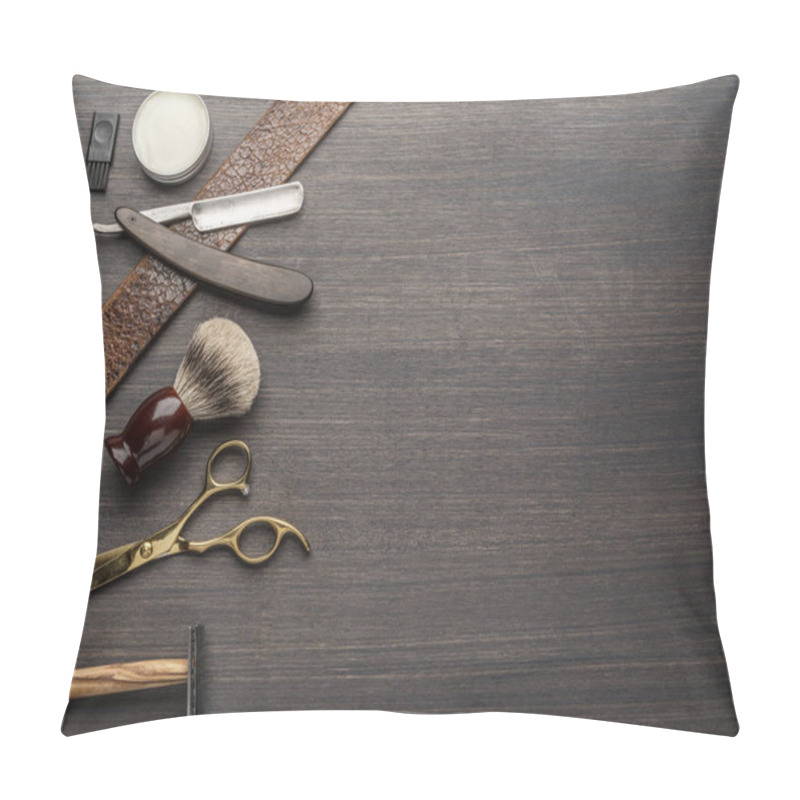 Personality  Classic Grooming And Hairdressing Tools On Wooden Background. Top View On Barbershop Instruments  Laying On Dark Wooden Table. Pillow Covers