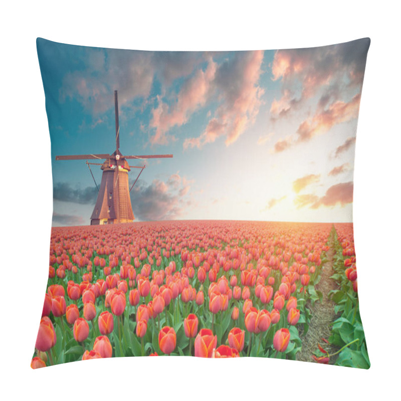 Personality  Windmill In Holland Michigan - An Authentic Wooden Windmill From The Netherlands Rises Behind A Field Of Tulips In Holland Michigan At Springtime. High Quality Photo. High Quality Photo Pillow Covers