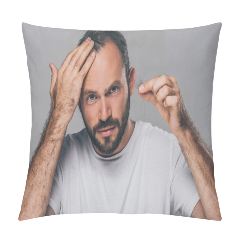 Personality  Bearded Middle Aged Man Holding Fallen Hair And Looking At Camera Isolated On Grey Pillow Covers