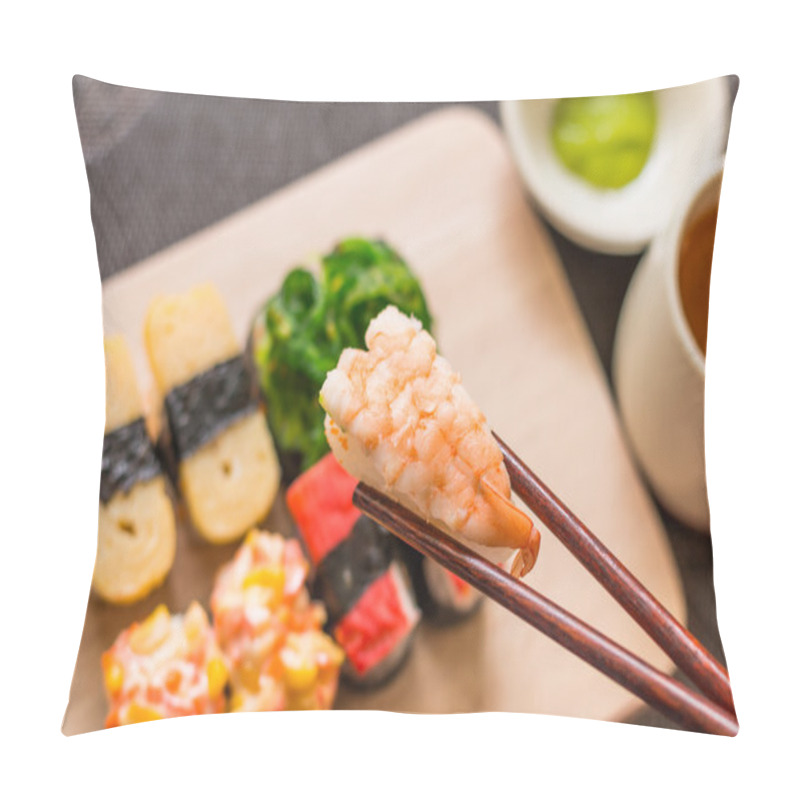 Personality  Sushi Set With Chop Sticks, Wasabi Served On Wooden Slate, Selec Pillow Covers