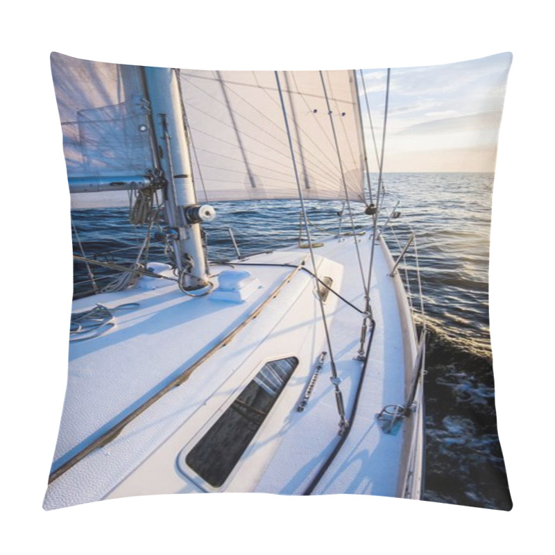 Personality  Sailing At Sunset. A View From The Yacht's Deck To The Bow And Sails. Close-up. Baltic Sea, Latvia Pillow Covers