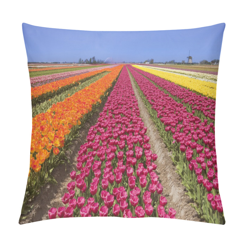 Personality  Tulips And Windmill On A Sunny Day In The Netherlands Pillow Covers