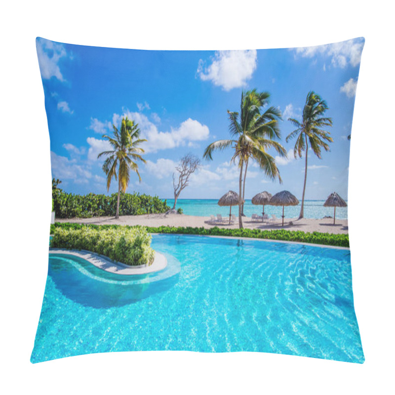 Personality  Swimming Pool Infinity View With Caribbean Sea, Blue Sky And Ocean Landscape On Background, Surrounded With Palm Trees And Tropical Plants With Tropical View. Pillow Covers