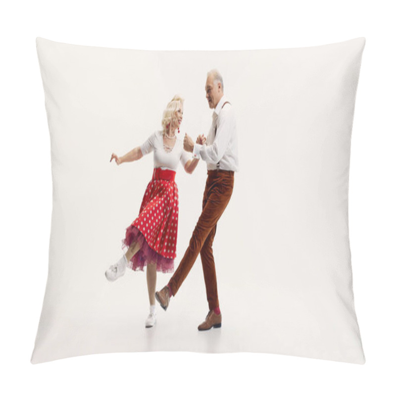 Personality  Dynamic Image Of Elderly Couple Performing Lindy Hop Dance Classic Moves, Dressed In Retro Clothing, Isolated On White Background. Concept Of Retro Dance, Hobby, Aging, Active Lifestyle Pillow Covers